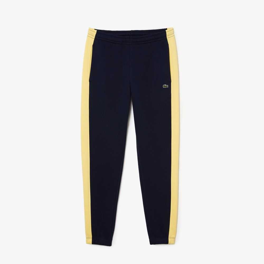 Navy Blue / Yellow Lacoste Contrast Bands Trackpants | OJKBQH-793