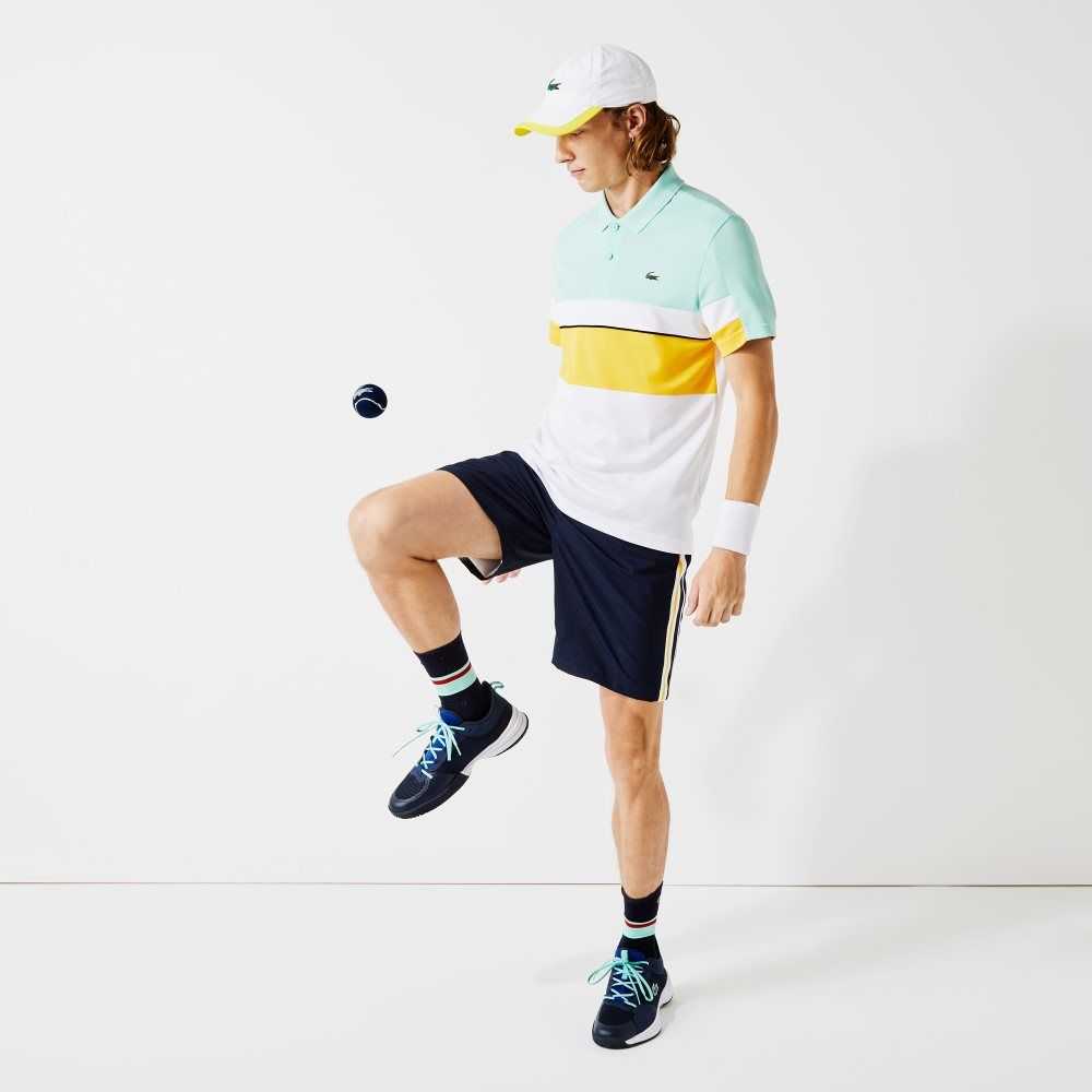 Navy Blue / Yellow / White Lacoste SPORT Contrast Bands Lightweight Shorts | FNPZLG-951