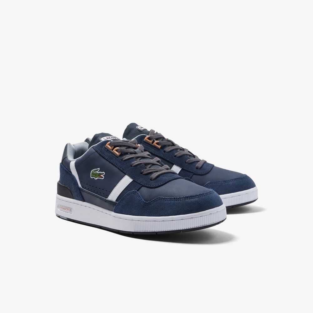 Nvy/Wht Lacoste T-Clip Leather and Suede Sneakers | HTBAMI-973