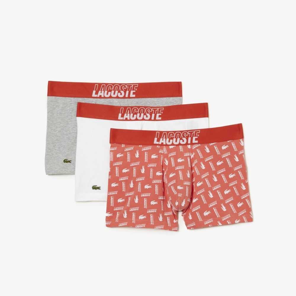 Orange / Grey Chine / White Lacoste 3-Pack Stretch Cotton Printed Trunks | RUOKNI-508