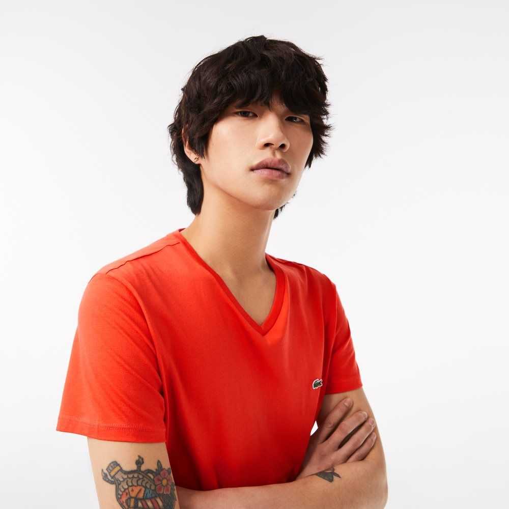 Orange Lacoste V-Neck Pima Cotton Jersey T-Shirt | KSUYGW-803