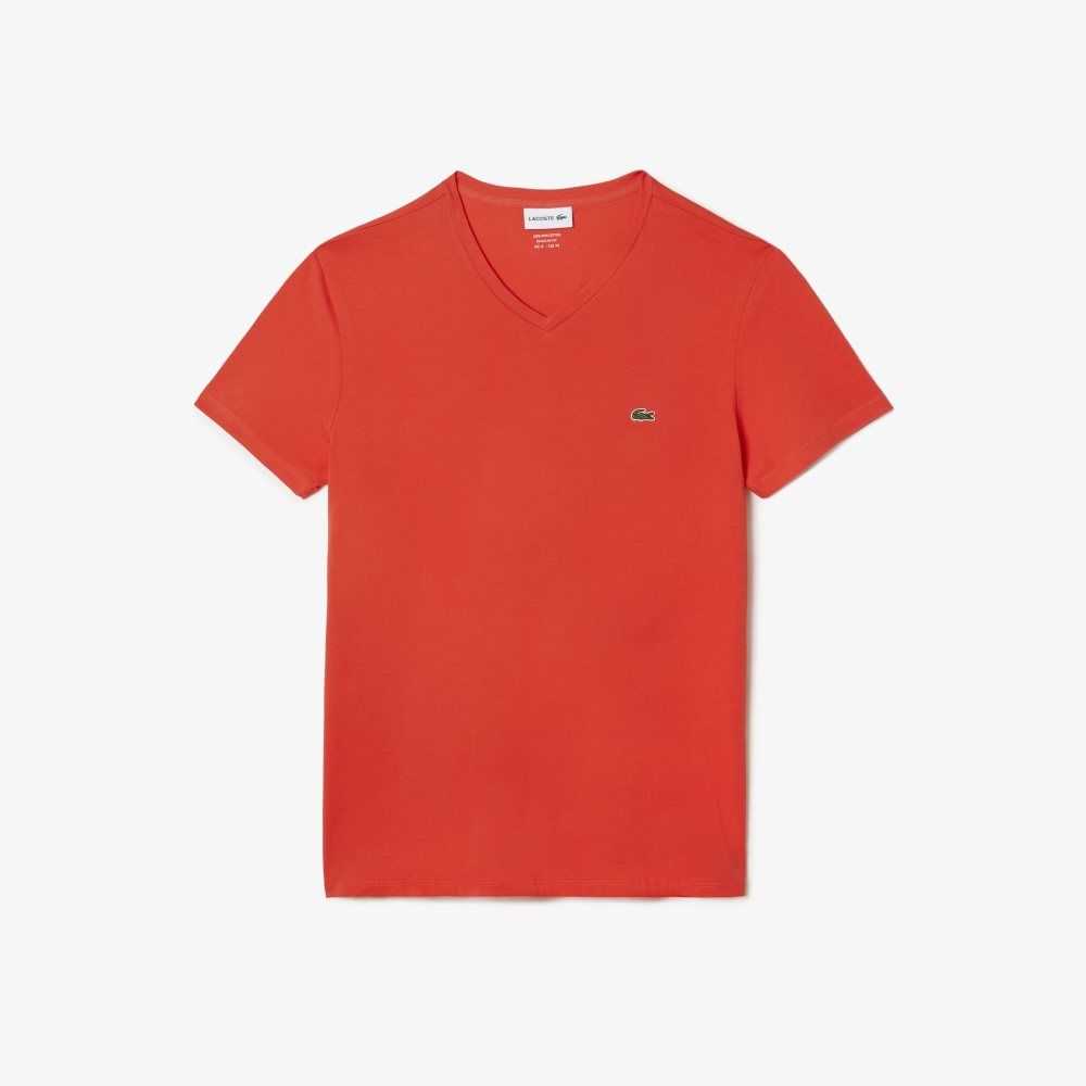 Orange Lacoste V-Neck Pima Cotton Jersey T-Shirt | KSUYGW-803