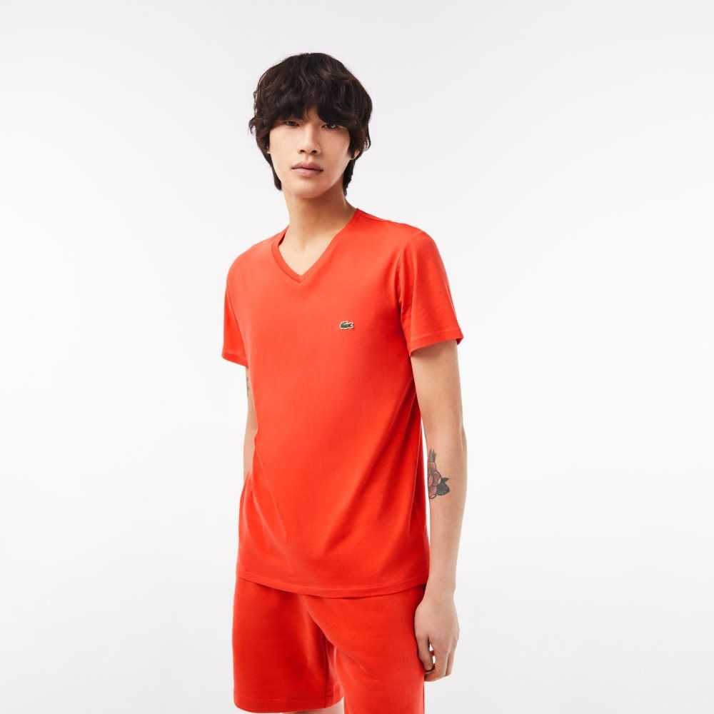 Orange Lacoste V-Neck Pima Cotton Jersey T-Shirt | KSUYGW-803