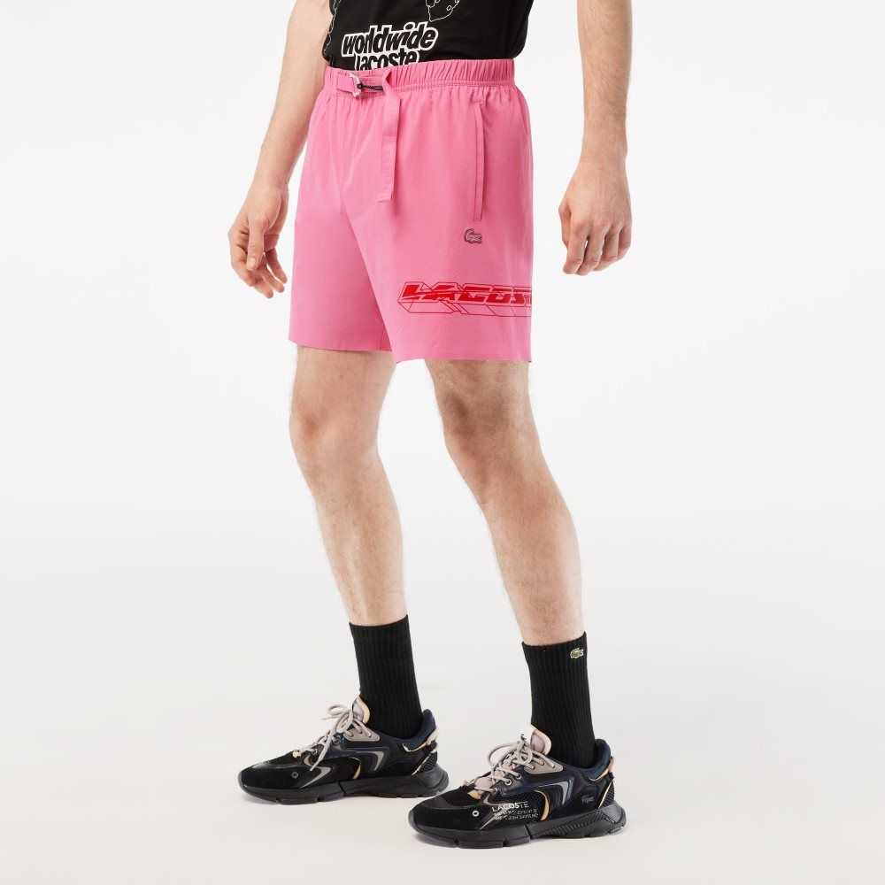 Pink Lacoste Quick-Dry Logo Stripe Swim Trunks | LDQPOZ-930