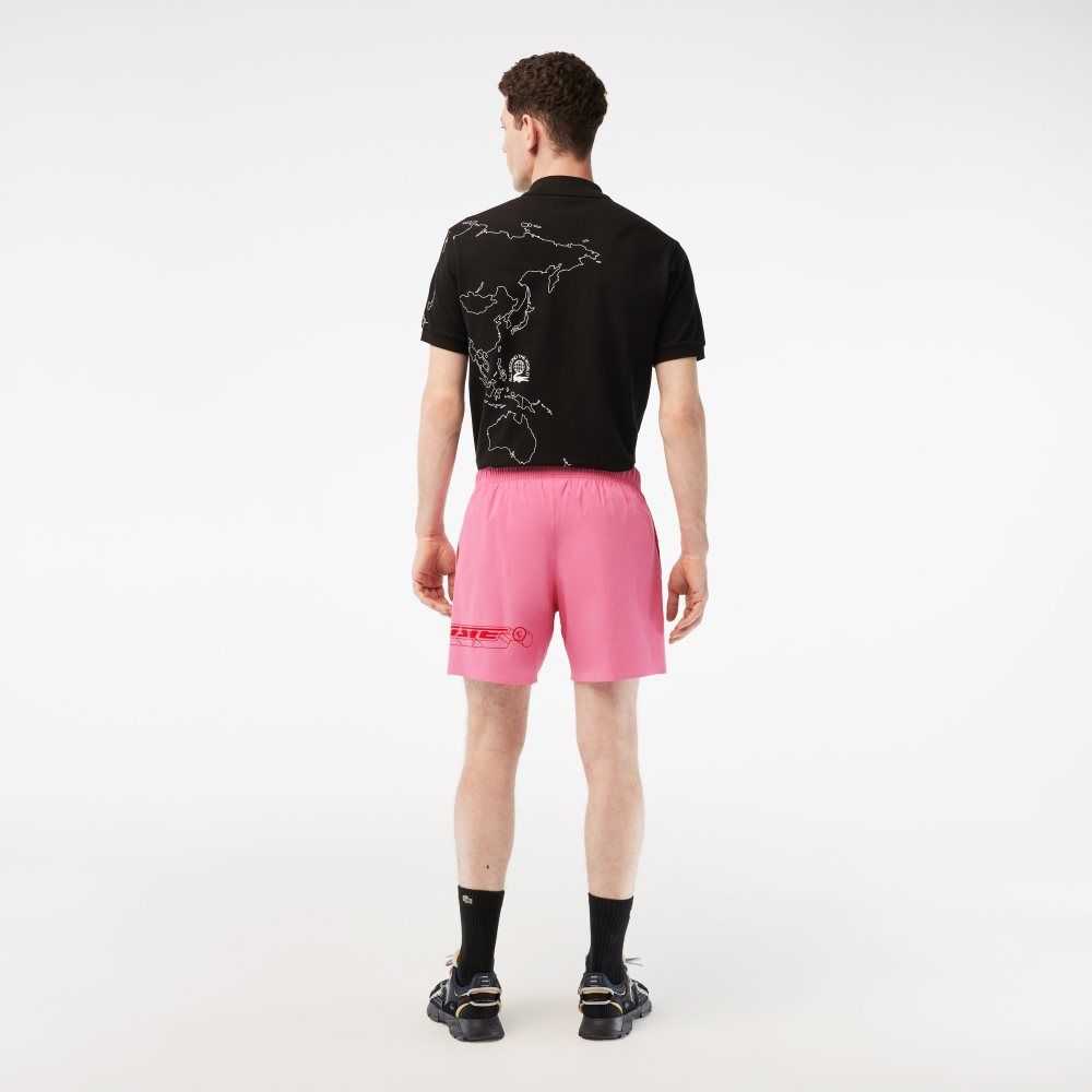 Pink Lacoste Quick-Dry Logo Stripe Swim Trunks | LDQPOZ-930