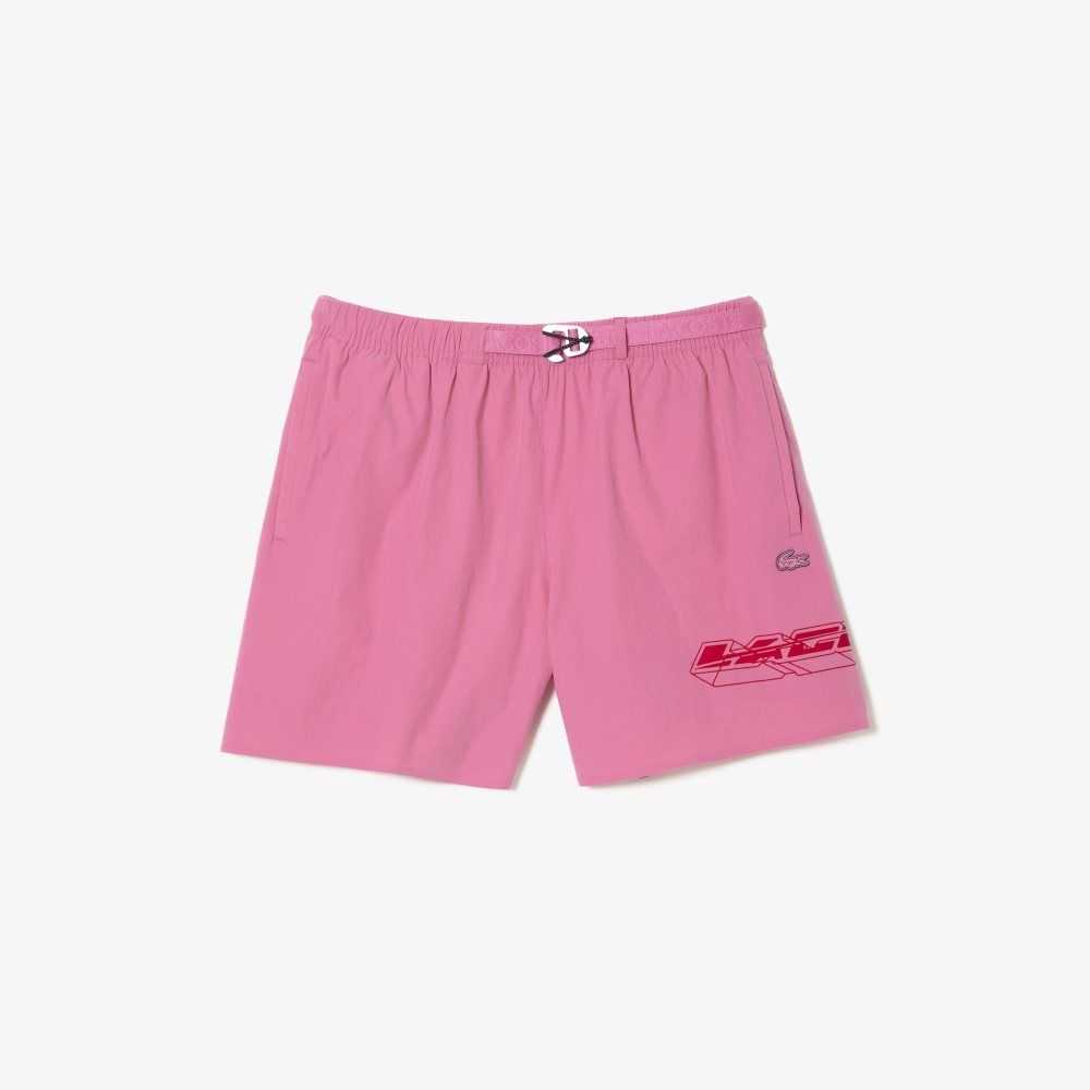 Pink Lacoste Quick-Dry Logo Stripe Swim Trunks | LDQPOZ-930