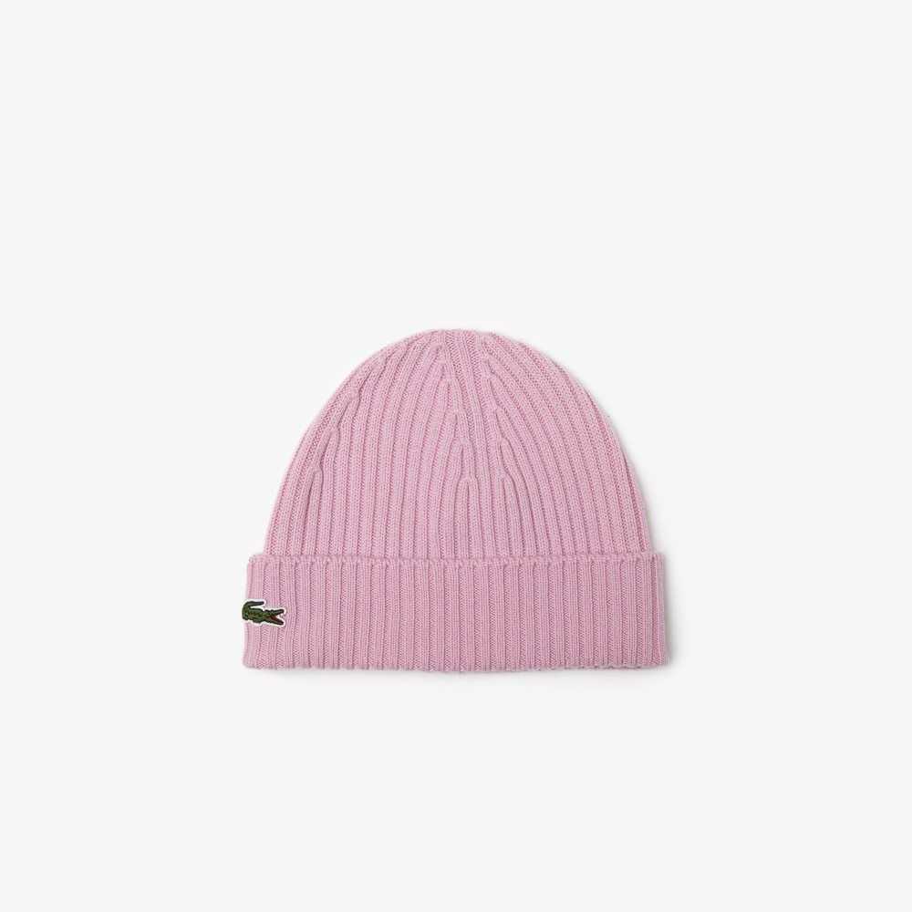 Pink Lacoste Ribbed Wool Beanie | SRDEBP-134