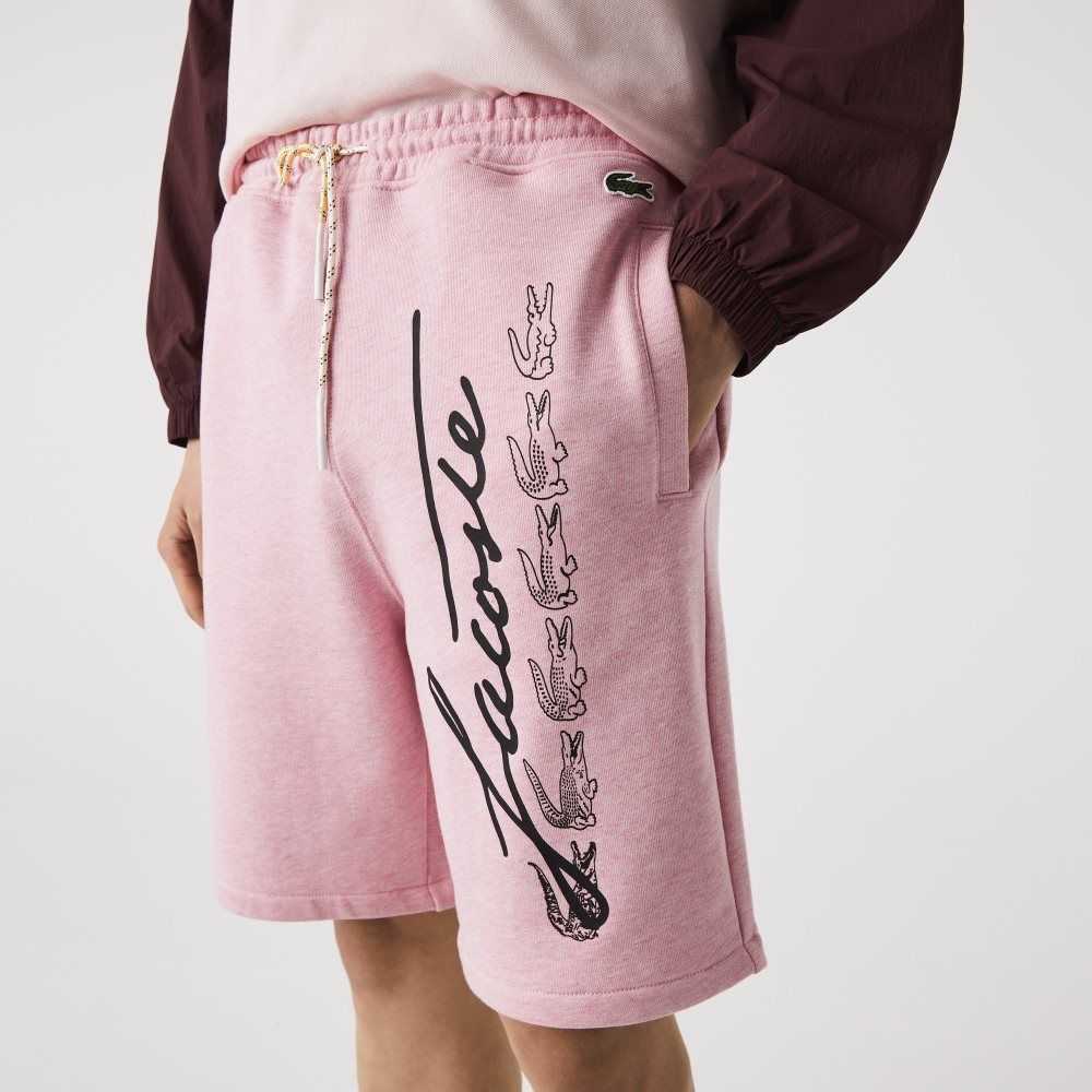 Pink Lacoste Signature Print Cotton Fleece Shorts | UFHCDS-749