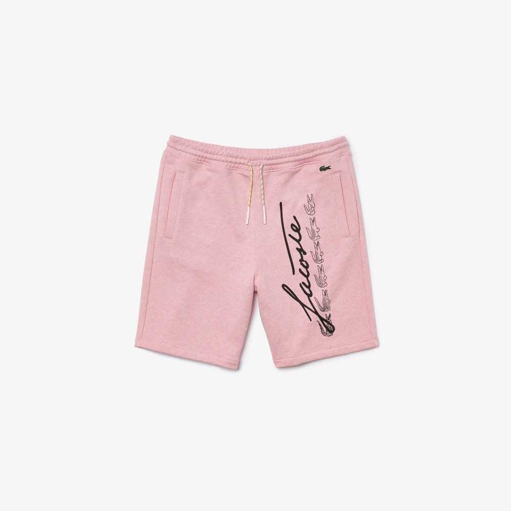 Pink Lacoste Signature Print Cotton Fleece Shorts | UFHCDS-749