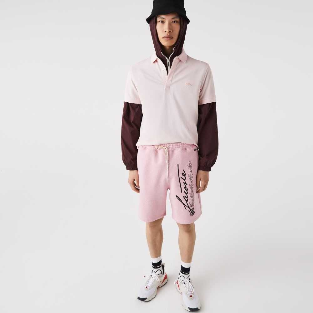 Pink Lacoste Signature Print Cotton Fleece Shorts | UFHCDS-749