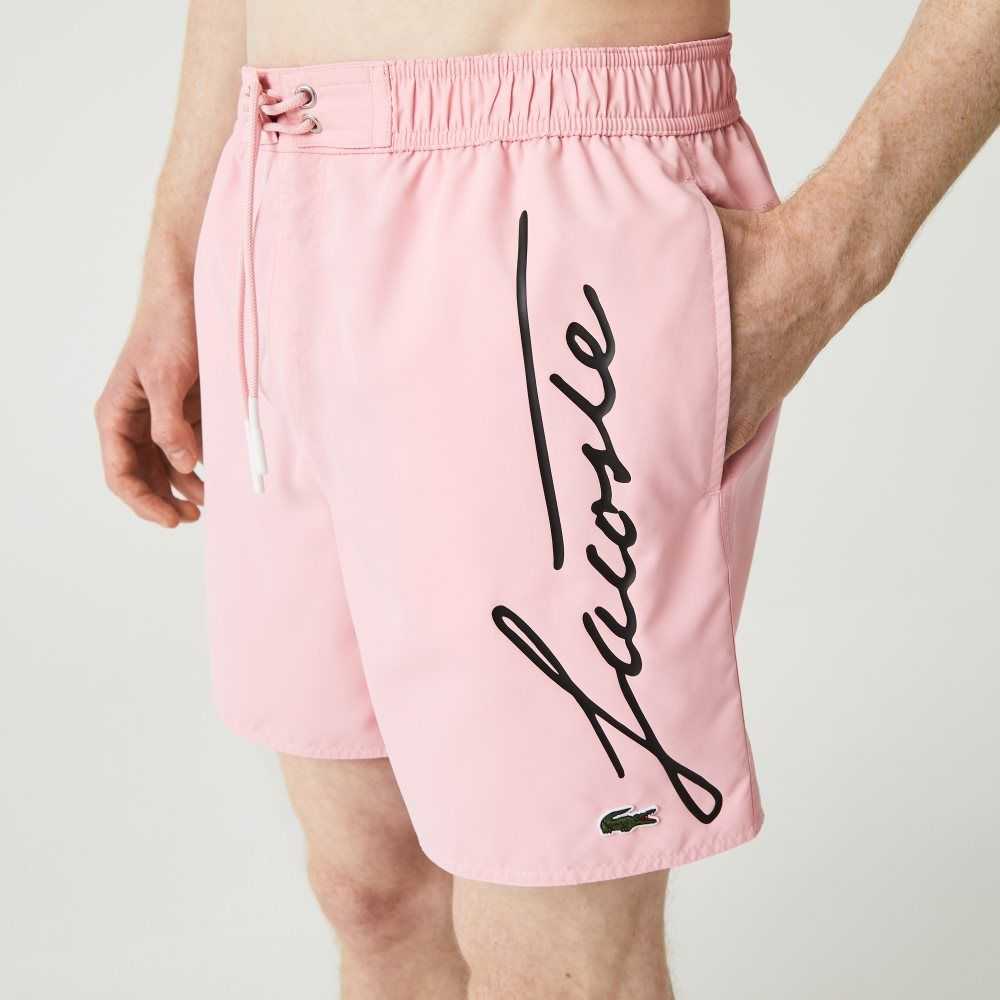 Pink Lacoste Signature Print Light Swimming Trunks | LOVPYE-127