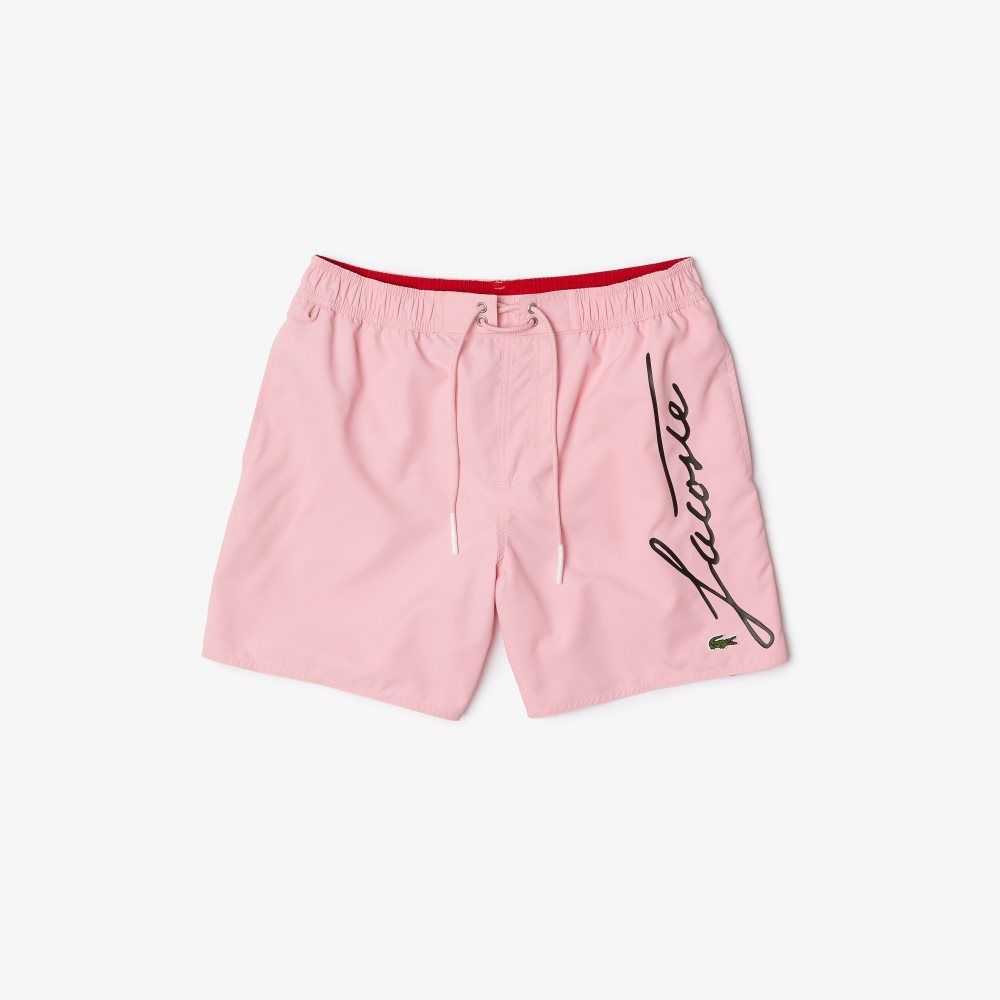 Pink Lacoste Signature Print Light Swimming Trunks | LOVPYE-127