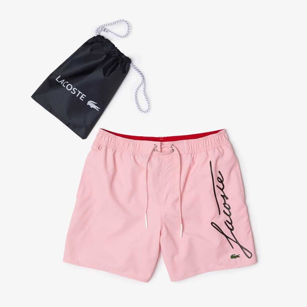 Pink Lacoste Signature Print Light Swimming Trunks | LOVPYE-127