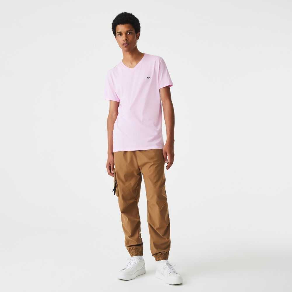 Pink Lacoste V-Neck Pima Cotton Jersey T-Shirt | FVGTDQ-730