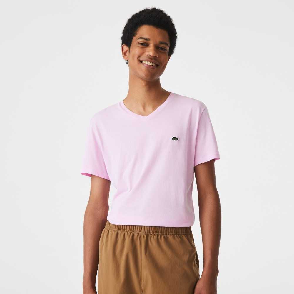 Pink Lacoste V-Neck Pima Cotton Jersey T-Shirt | FVGTDQ-730