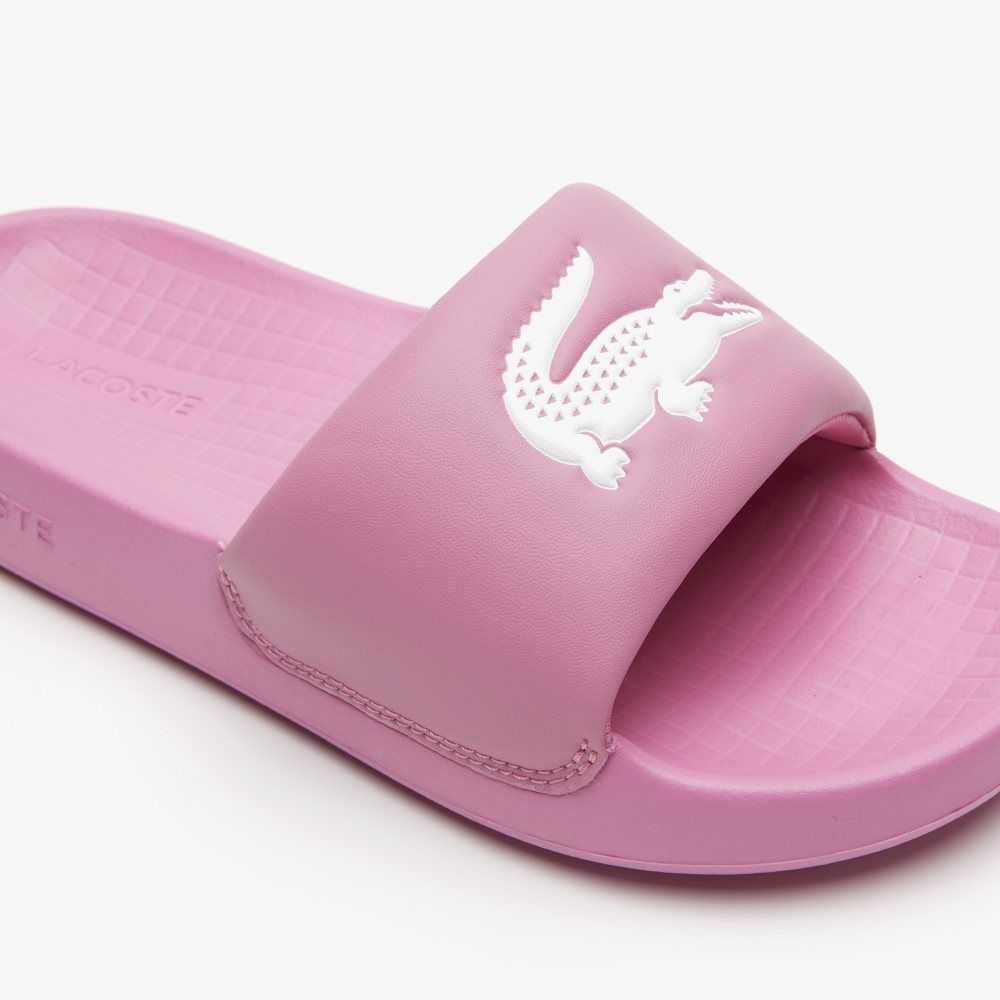 Pink/White Lacoste Croco 1.0 Slides | OJYFIN-893