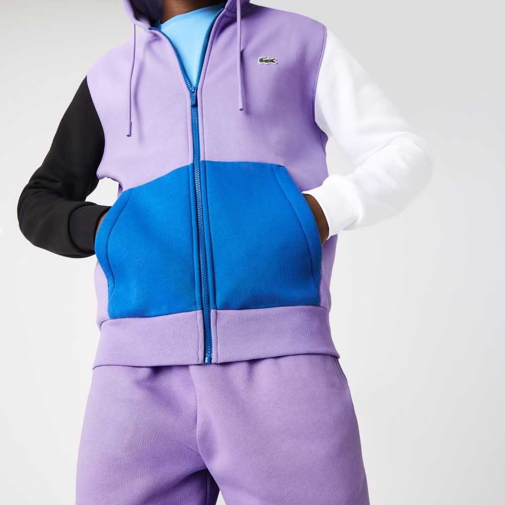 Purple / Black / White / Blue Lacoste Classic Fit Color-Block Hooded Zip Sweatshirt | AFRLDV-352