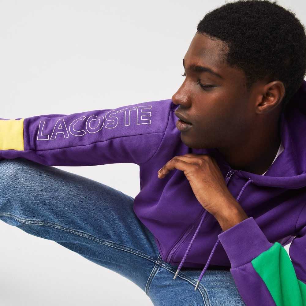 Purple / Yellow / Green Lacoste Hooded Colorblock Fleece Zip Sweatshirt | JLOIZS-960