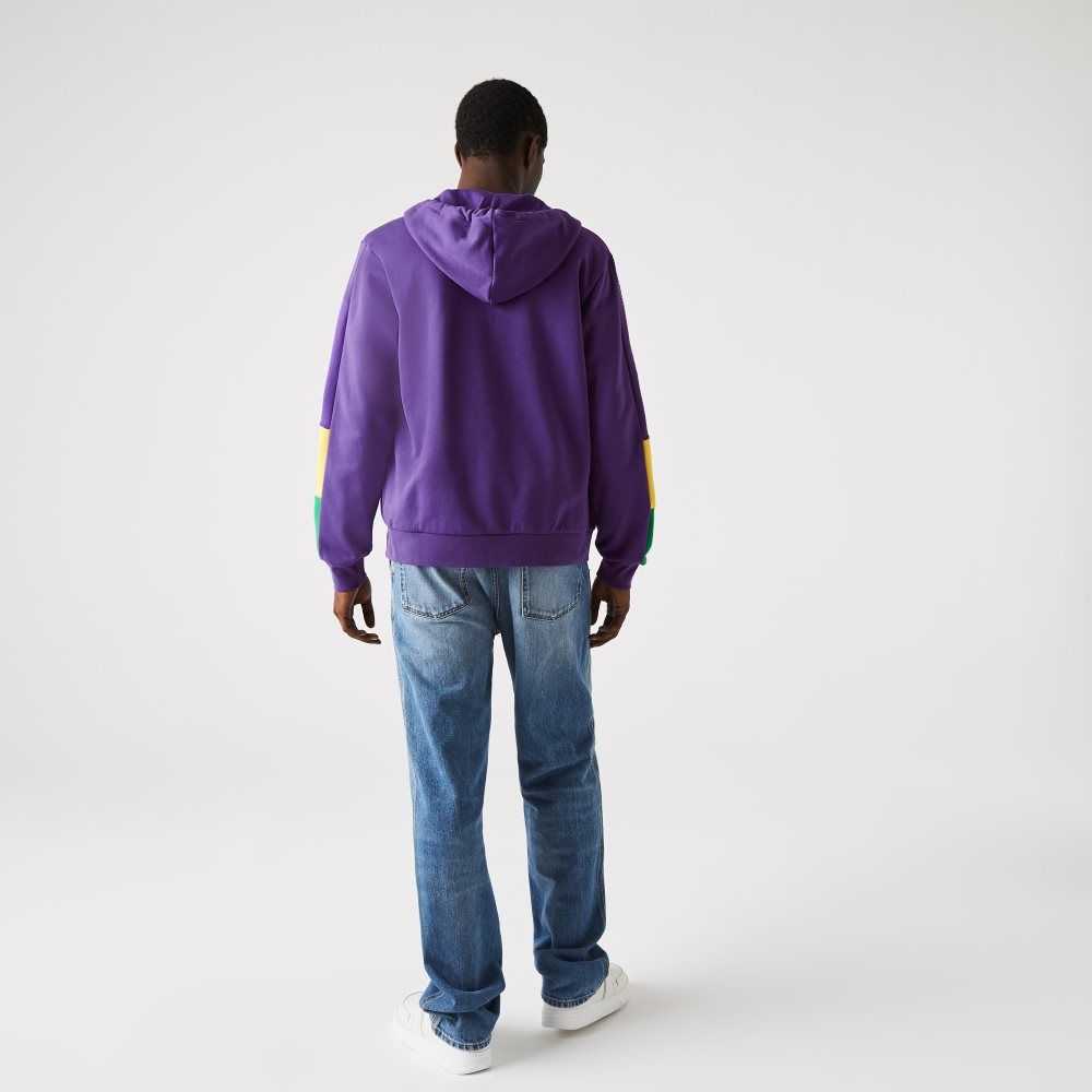 Purple / Yellow / Green Lacoste Hooded Colorblock Fleece Zip Sweatshirt | JLOIZS-960