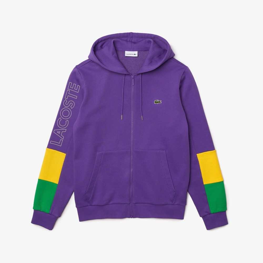 Purple / Yellow / Green Lacoste Hooded Colorblock Fleece Zip Sweatshirt | JLOIZS-960