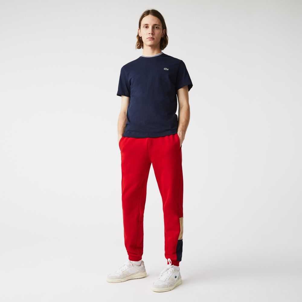 Red / Beige / Navy Blue Lacoste Branded Colorblock Fleece Jogging Pants | ZHIAKQ-279