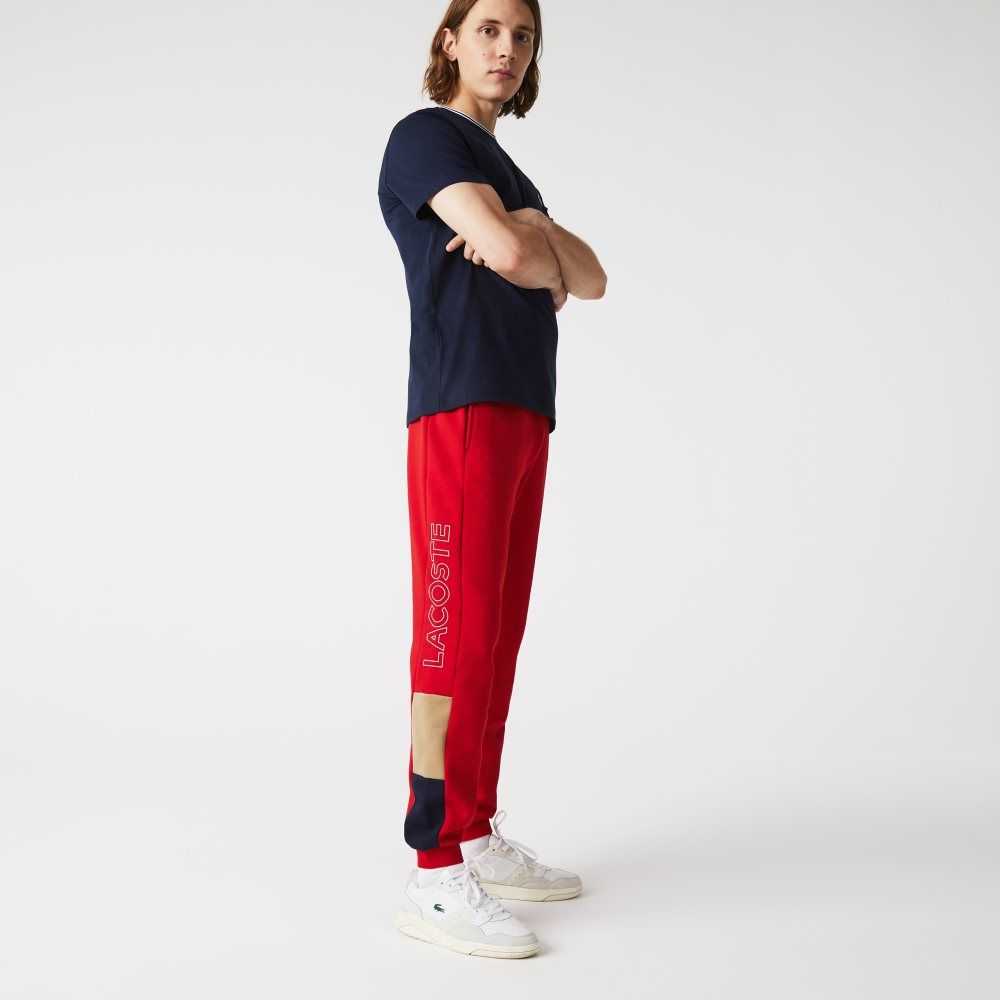 Red / Beige / Navy Blue Lacoste Branded Colorblock Fleece Jogging Pants | ZHIAKQ-279