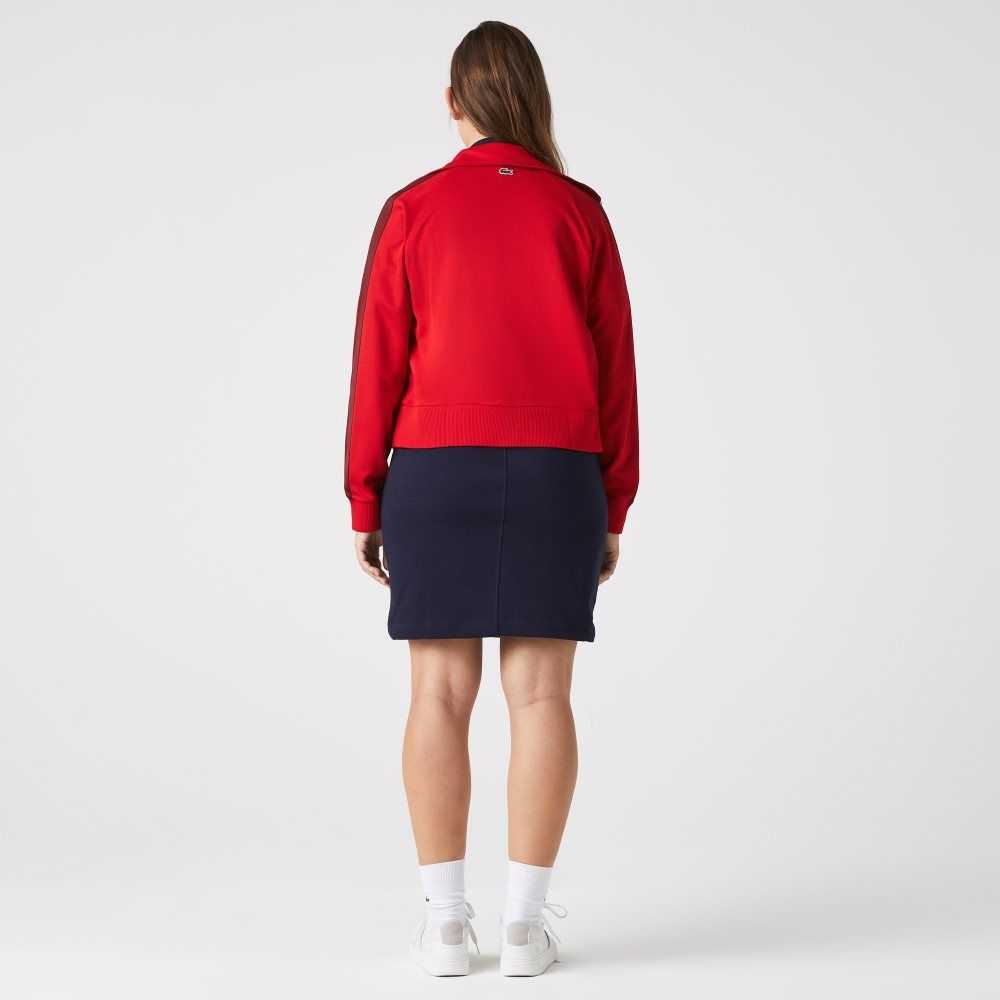 Red Lacoste Badge Pique Zippered Sweatshirt | WMFPHN-018