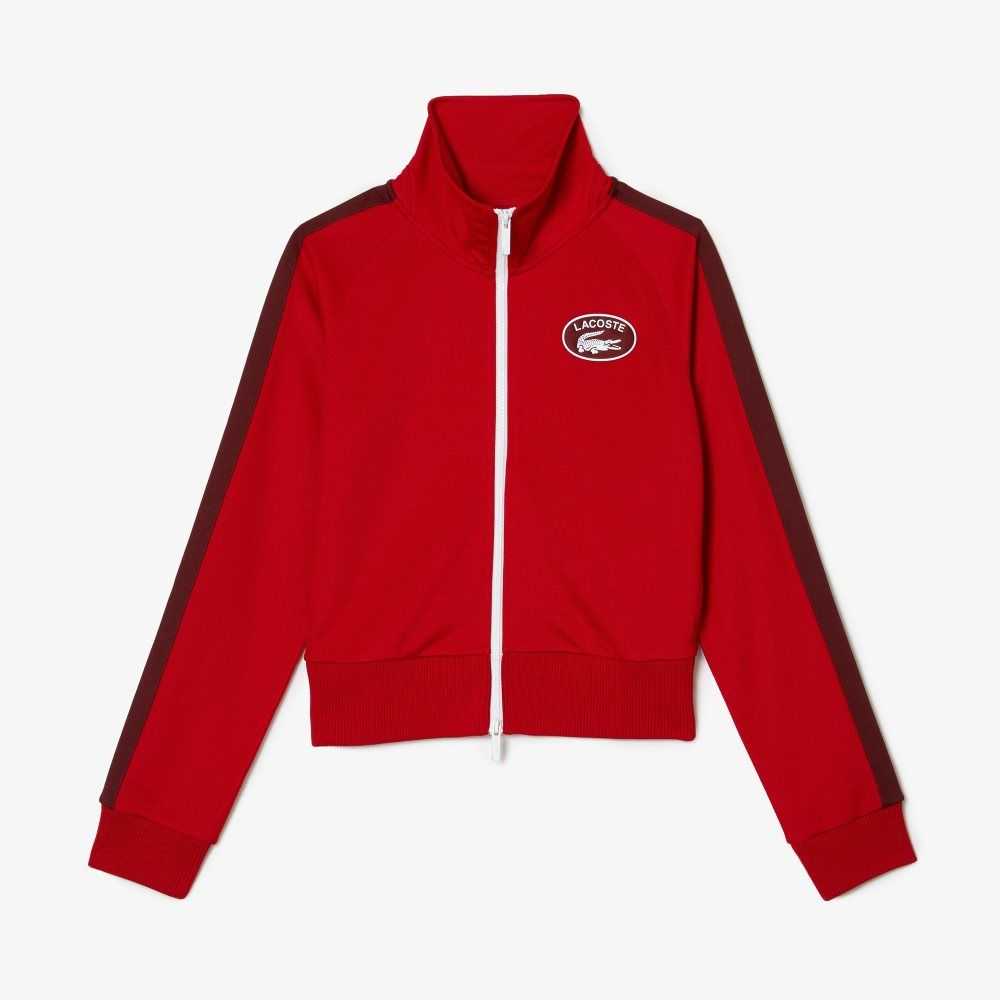 Red Lacoste Badge Pique Zippered Sweatshirt | WMFPHN-018