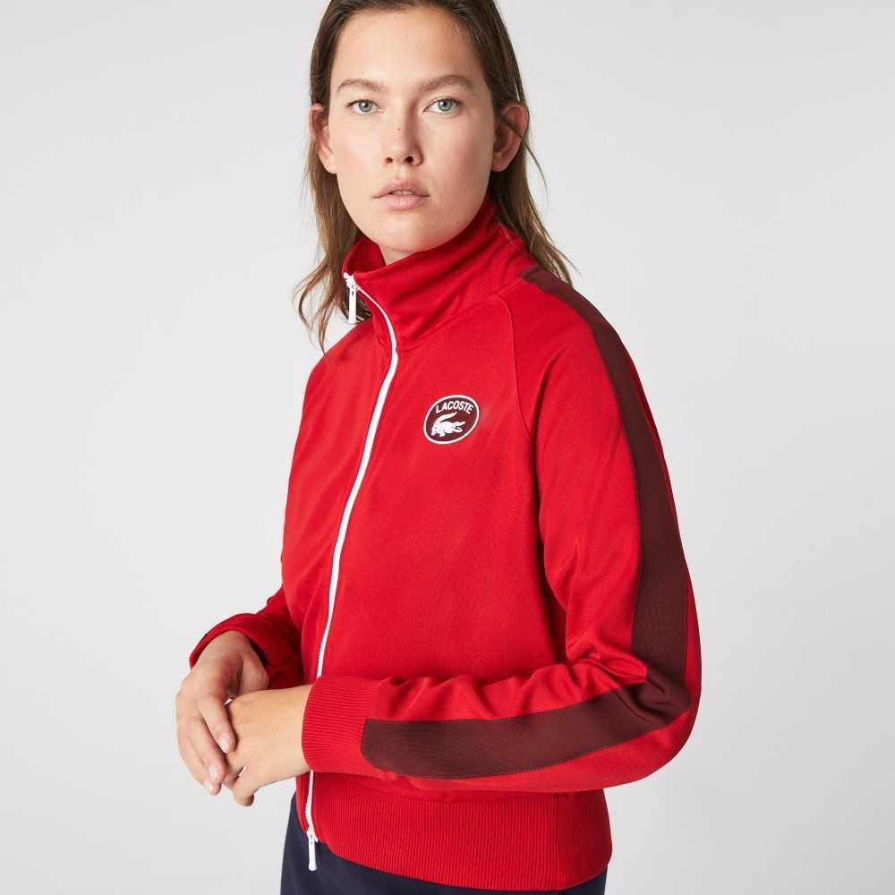 Red Lacoste Badge Pique Zippered Sweatshirt | WMFPHN-018