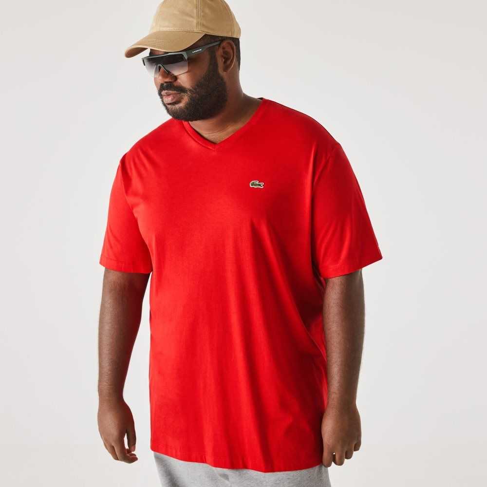 Red Lacoste Big Fit V-Neck Jersey T-Shirt | ONMCAI-568