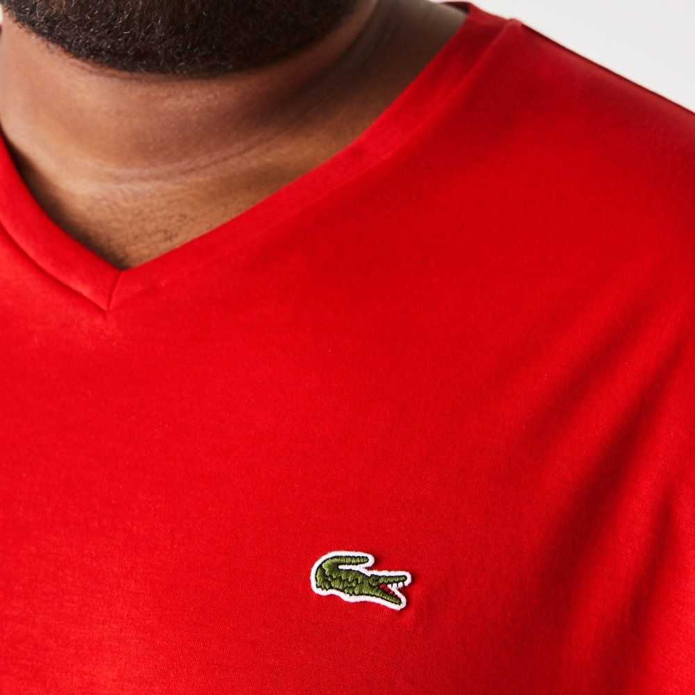 Red Lacoste Big Fit V-Neck Jersey T-Shirt | ONMCAI-568