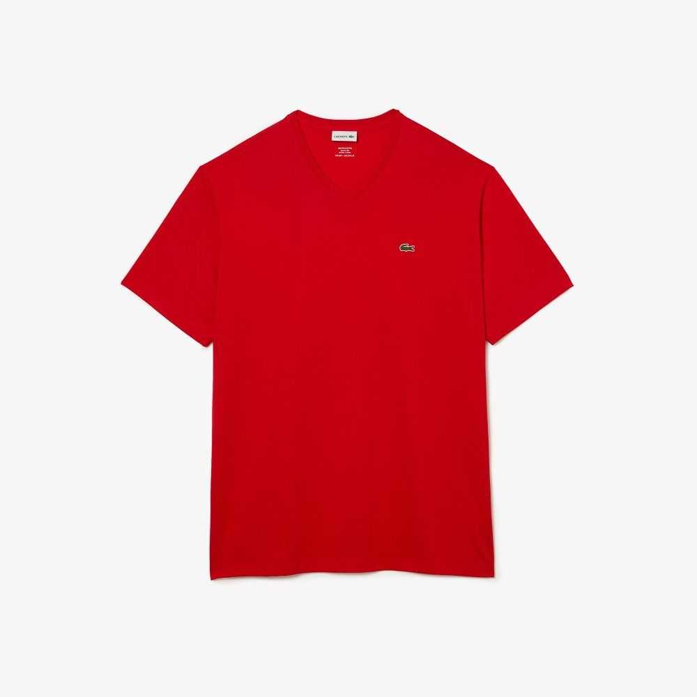 Red Lacoste Big Fit V-Neck Jersey T-Shirt | ONMCAI-568