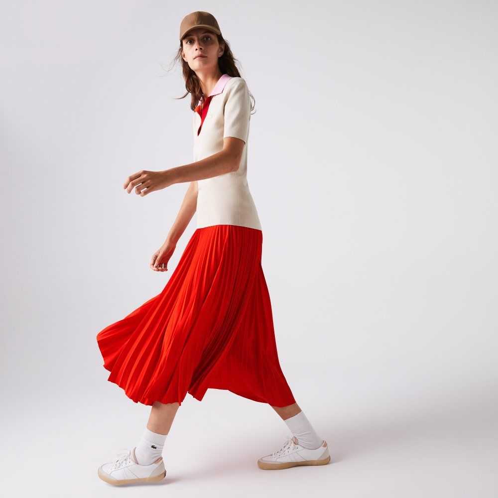 Red Lacoste Branded Elasticised Pleated Skirt | TNYPGM-127