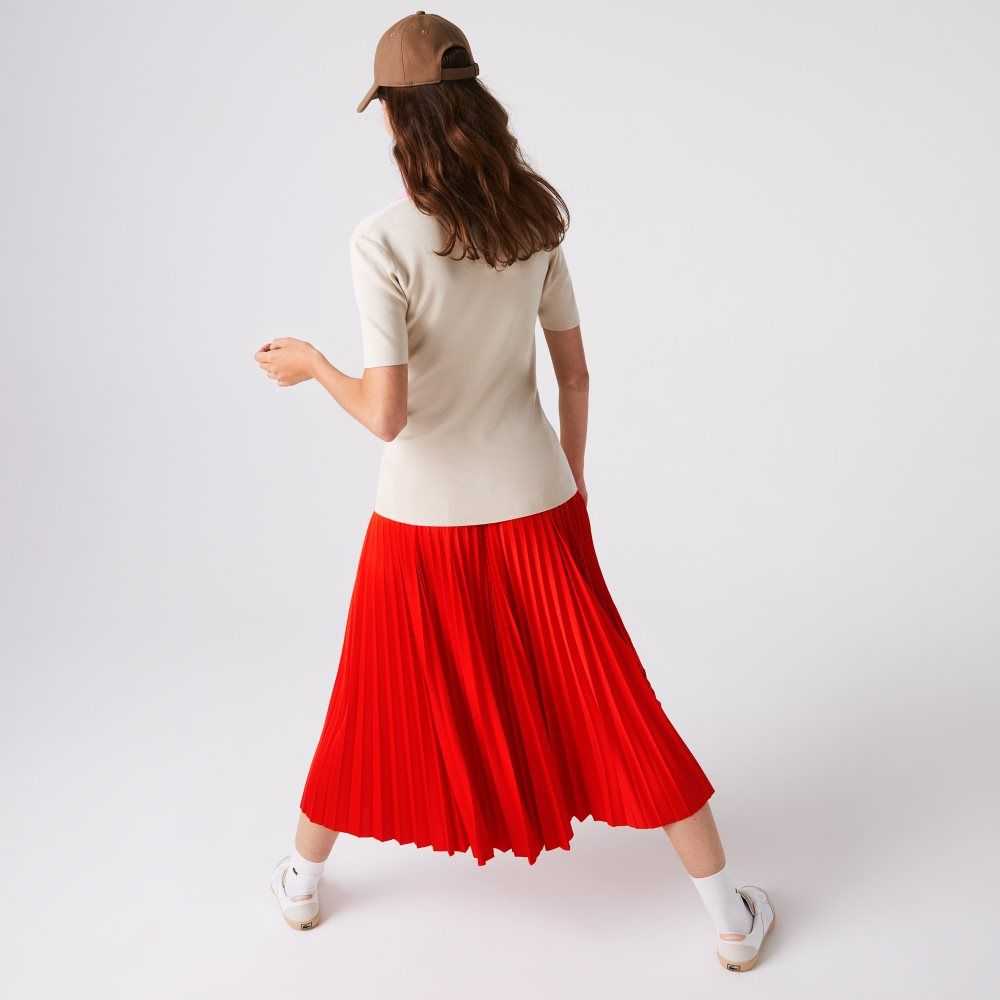 Red Lacoste Branded Elasticised Pleated Skirt | TNYPGM-127