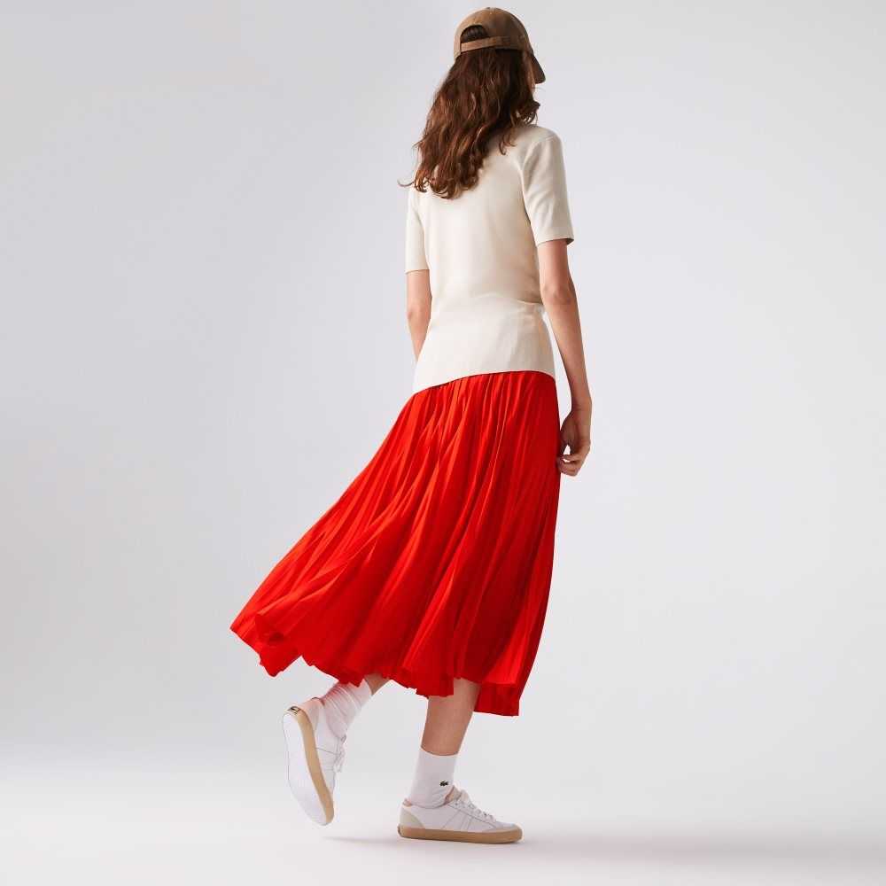 Red Lacoste Branded Elasticised Pleated Skirt | TNYPGM-127