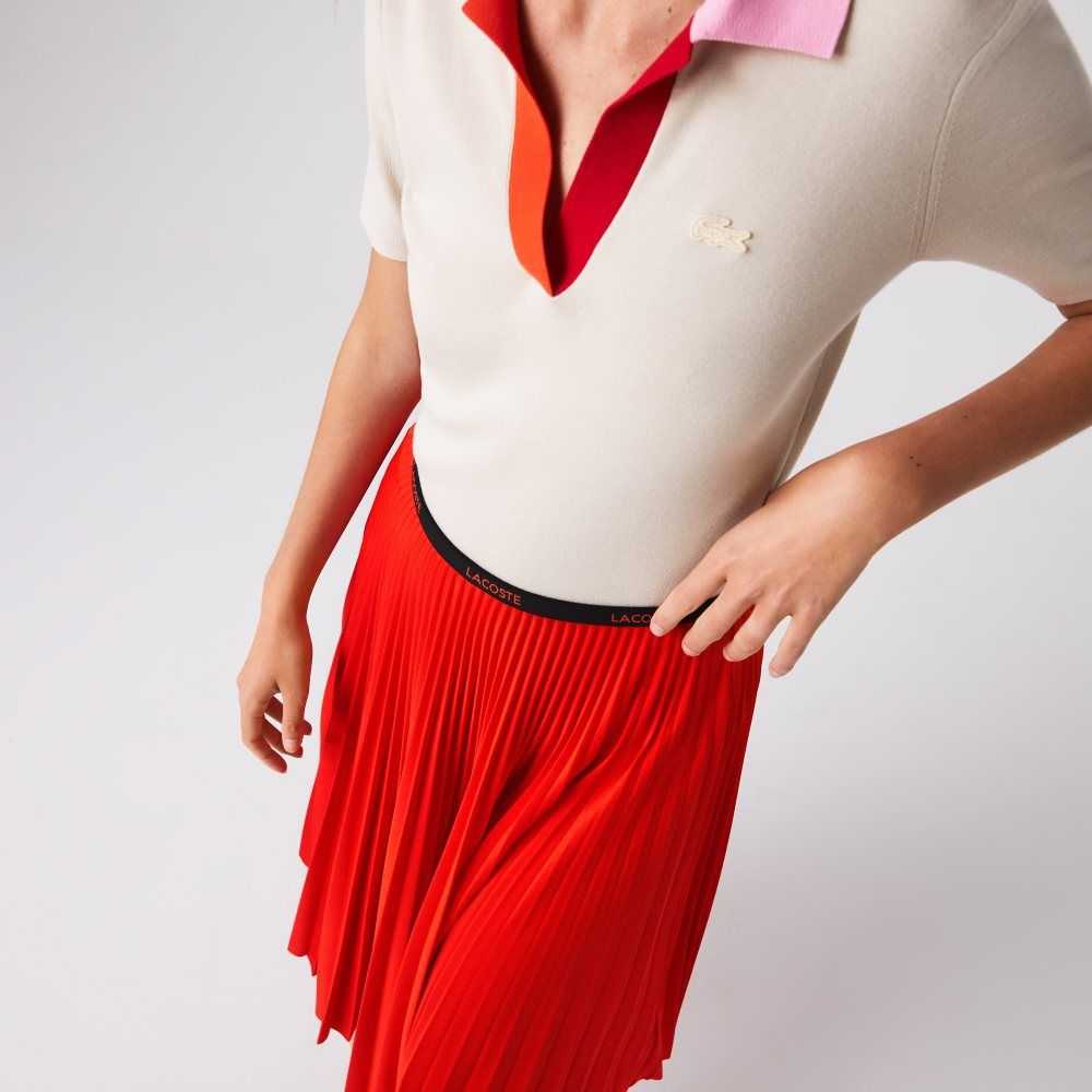 Red Lacoste Branded Elasticised Pleated Skirt | TNYPGM-127