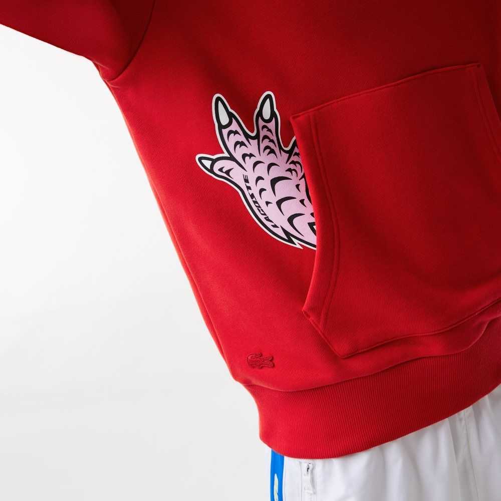 Red Lacoste Comic Effect Print Hooded Sweatshirt | QEPYVN-527