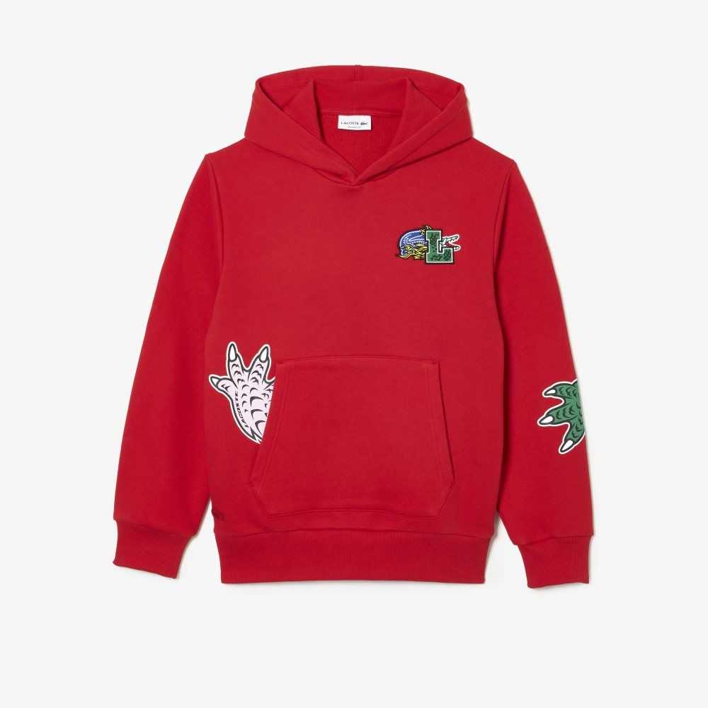 Red Lacoste Comic Effect Print Hooded Sweatshirt | QEPYVN-527