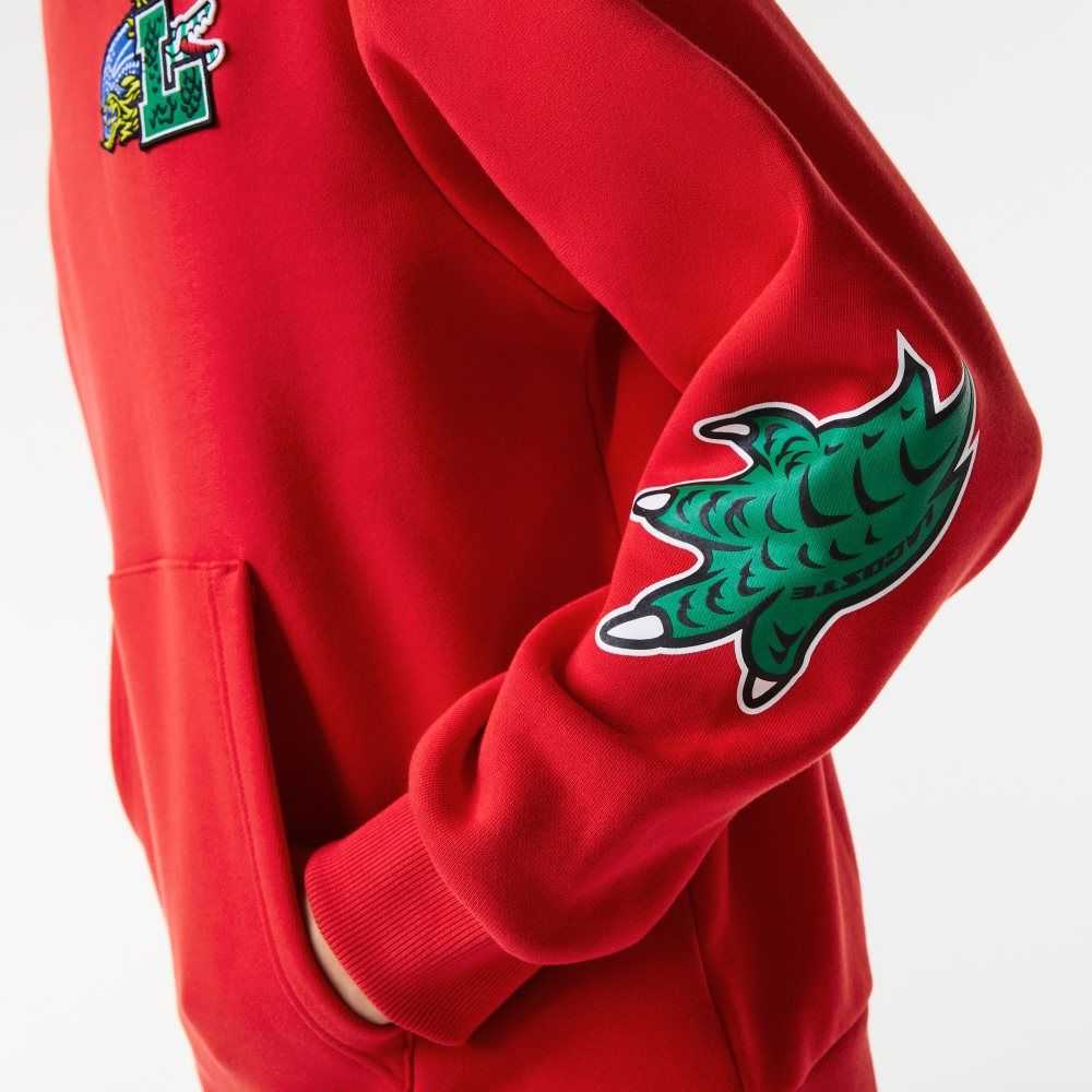 Red Lacoste Comic Effect Print Hooded Sweatshirt | QEPYVN-527