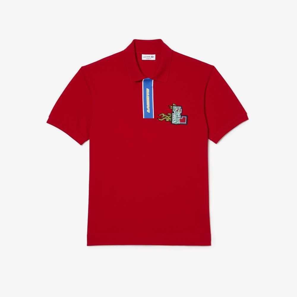 Red Lacoste Contrast Placket And Crocodile Badge Polo | WNXRJF-509