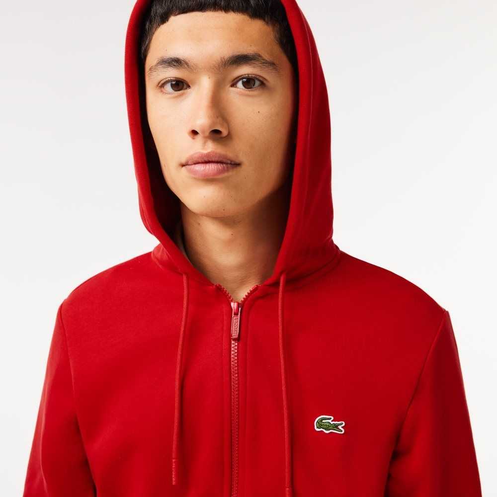 Red Lacoste Kangaroo Pocket Fleece Zipped Sweatshirt | SLDVRA-582