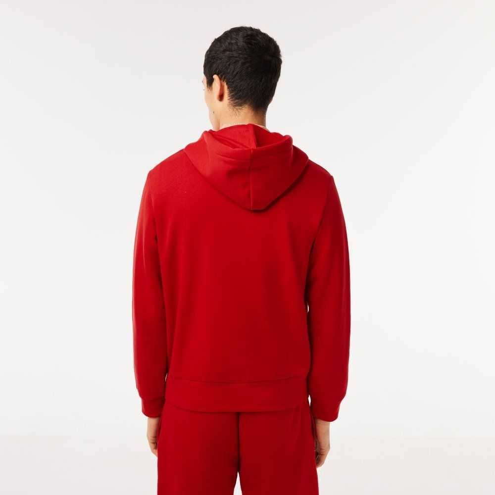 Red Lacoste Kangaroo Pocket Fleece Zipped Sweatshirt | SLDVRA-582