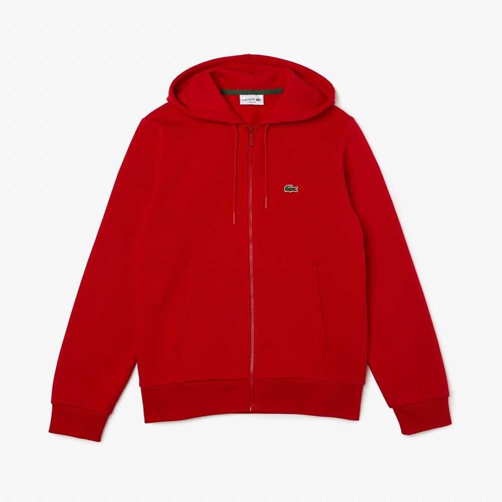 Red Lacoste Kangaroo Pocket Fleece Zipped Sweatshirt | SLDVRA-582