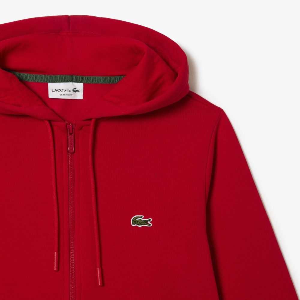 Red Lacoste Kangaroo Pocket Fleece Zipped Sweatshirt | SLDVRA-582