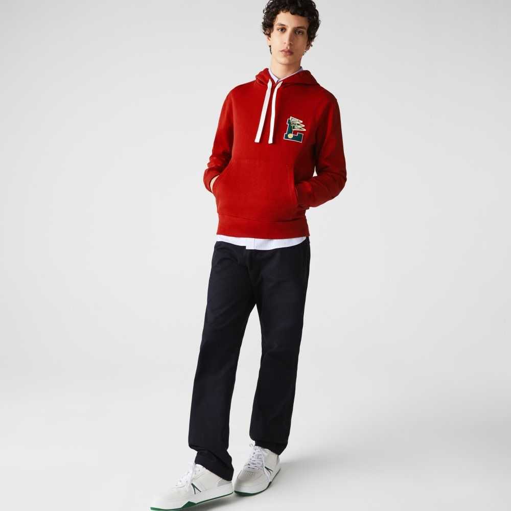 Red Lacoste Pennants L Badge Hooded Cotton Fleece Sweatshirt | VYFOBA-158