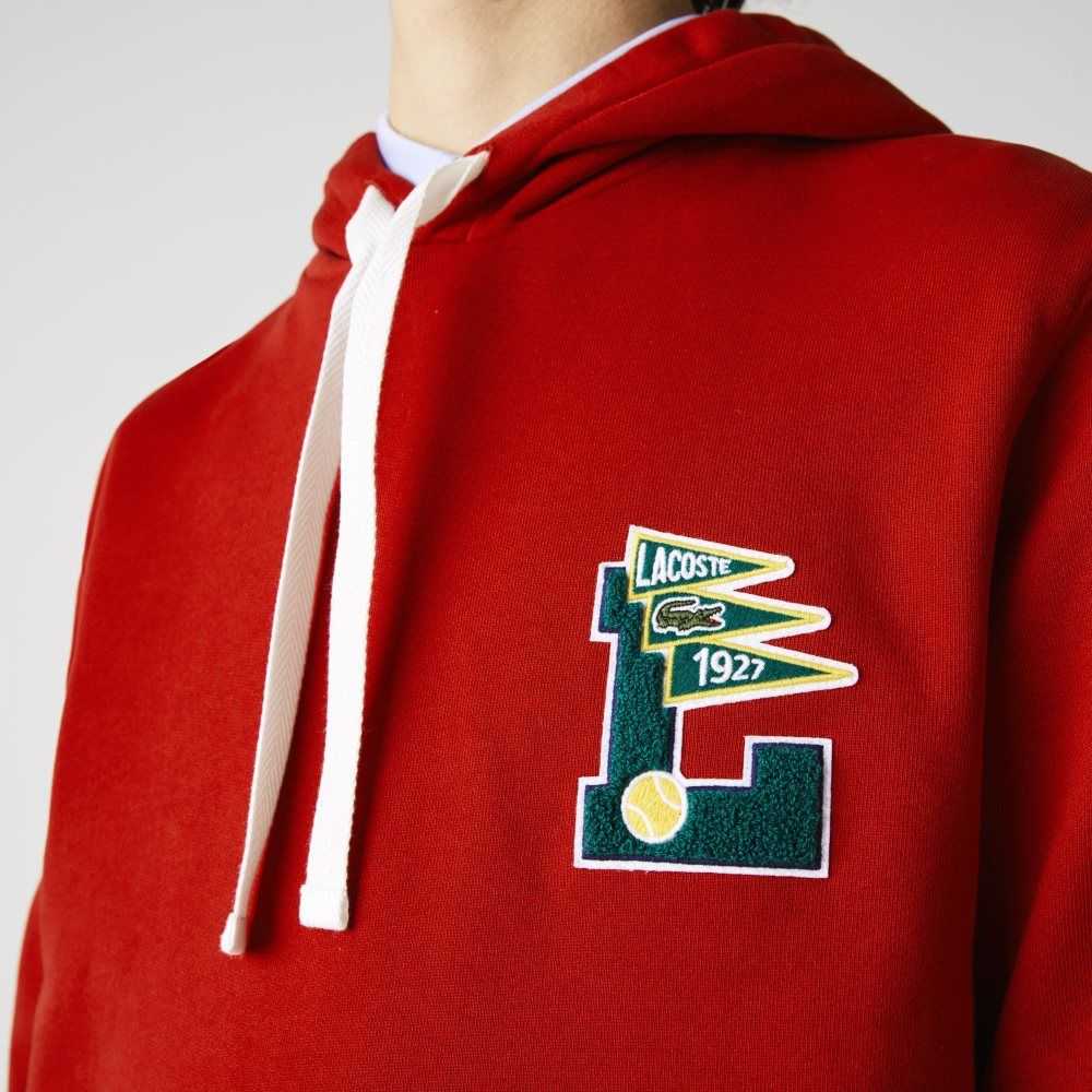 Red Lacoste Pennants L Badge Hooded Cotton Fleece Sweatshirt | VYFOBA-158