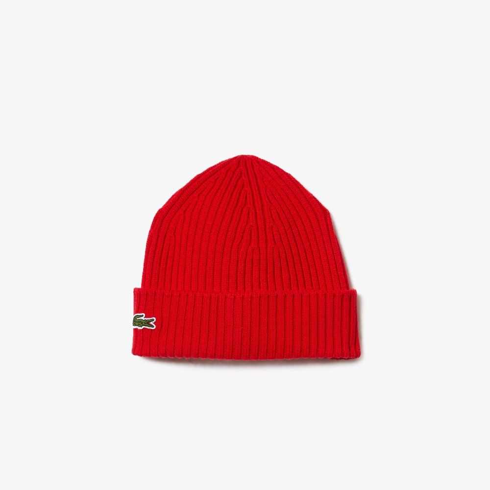 Red Lacoste Ribbed Wool Beanie | AMNVOW-704