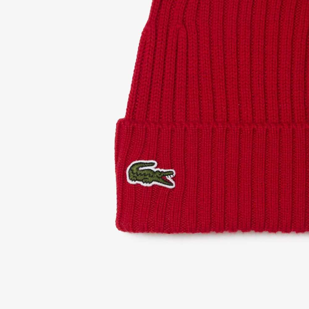 Red Lacoste Ribbed Wool Beanie | KCIFNE-065