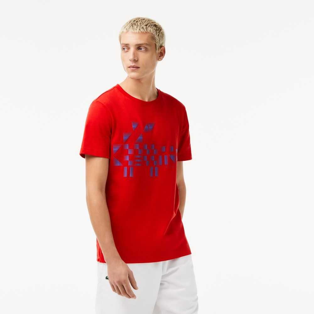 Red Lacoste SPORT x Novak Djokovic Printed T-Shirt | OITMFK-495