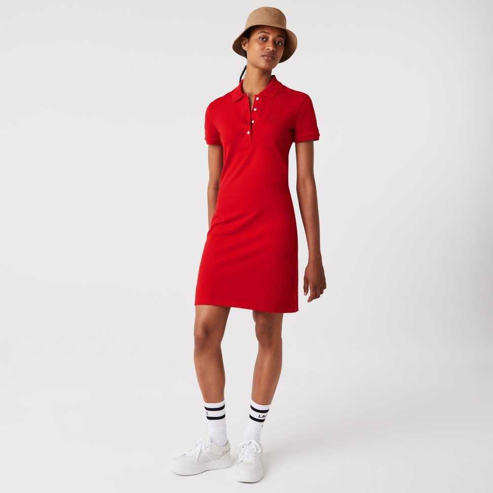 Red Lacoste Stretch Cotton Pique Polo Dress | PIUDOA-109